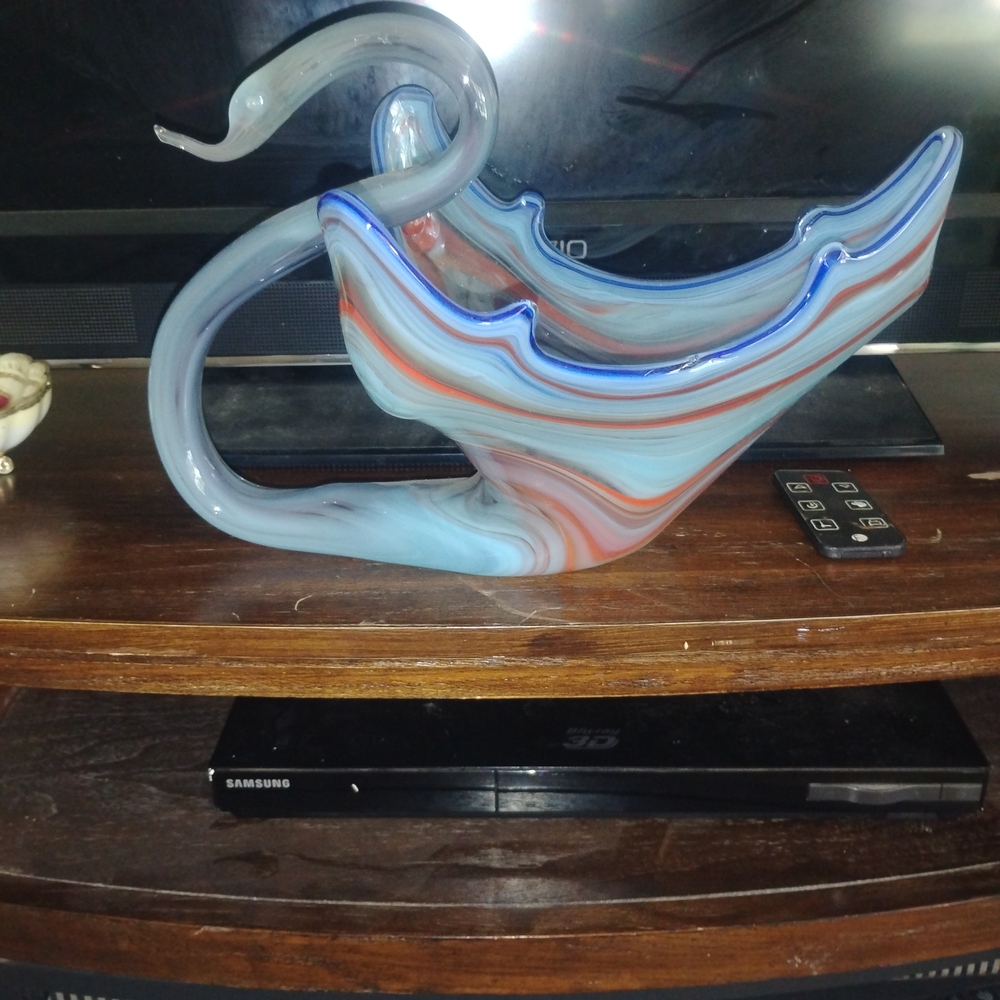 Blue and Red Glass Art Sculpture with Fluid Design